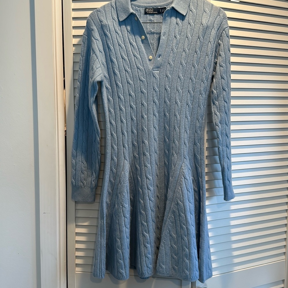 NWOT Polo RL blue long sleeve wool/cashmere cable knit sweater dress.